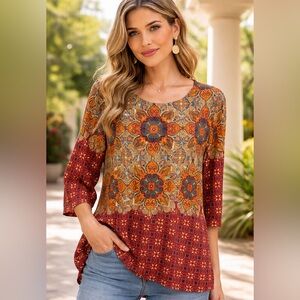 NWOT faith and joy 3/4 Sleeve Mandala Print Top Sz Large